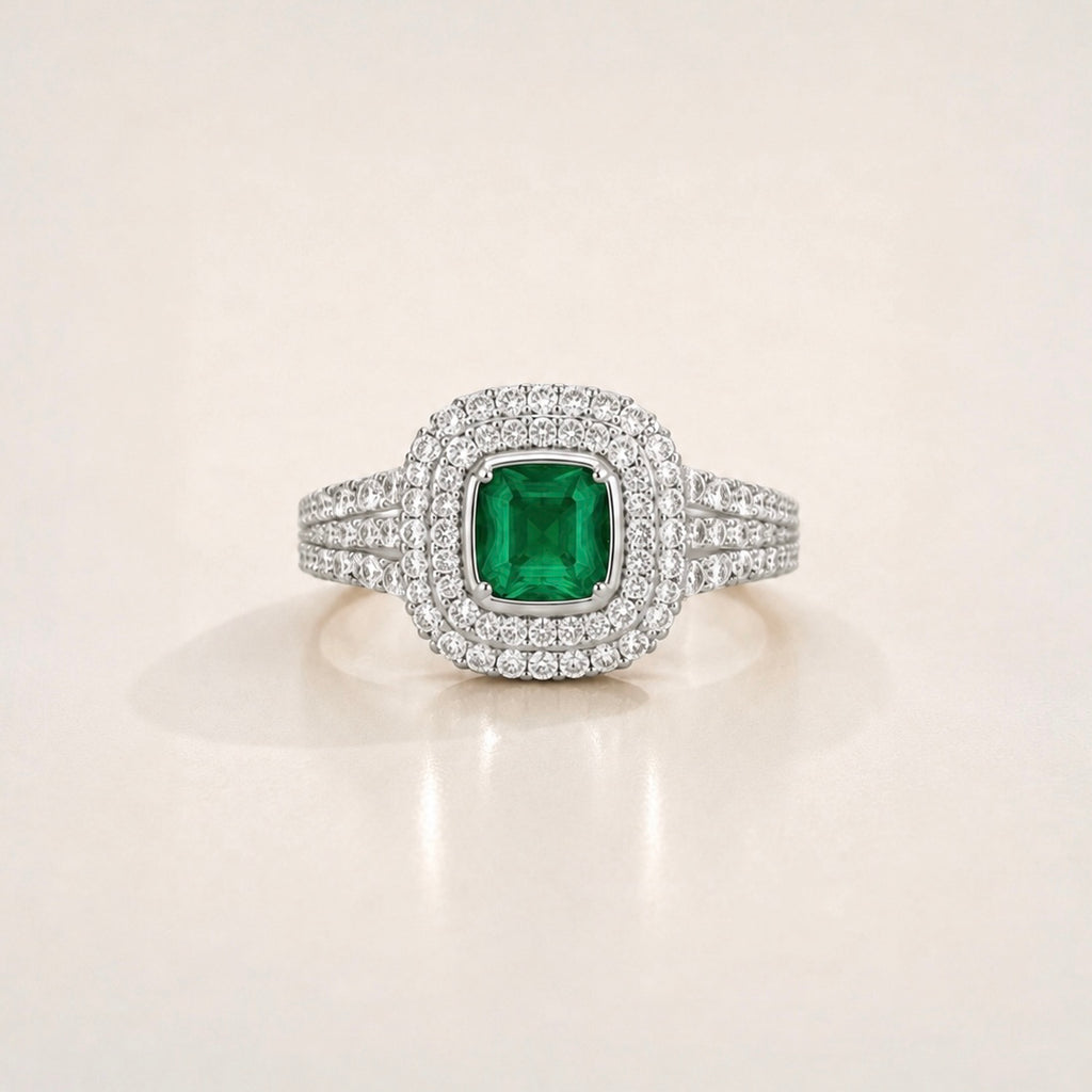 The Triple Halo Pavé Cushion Emerald Ring