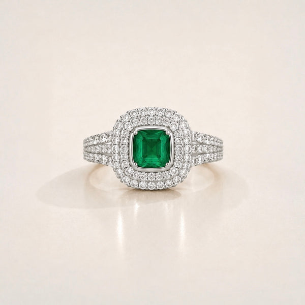 The Triple Halo Pavé Cushion Emerald Ring