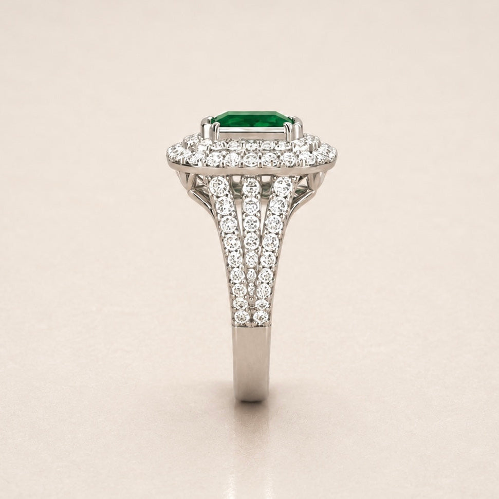 The Triple Halo Pavé Cushion Emerald Ring