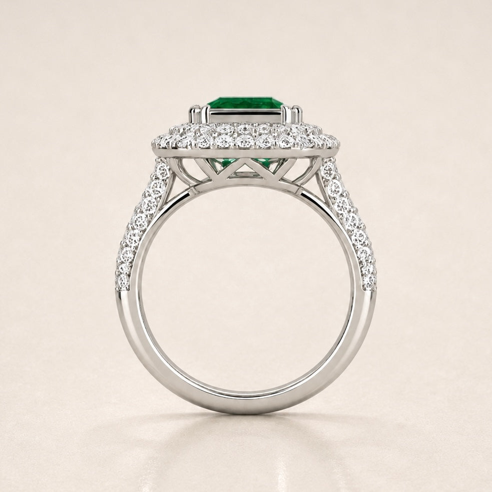 The Triple Halo Pavé Cushion Emerald Ring